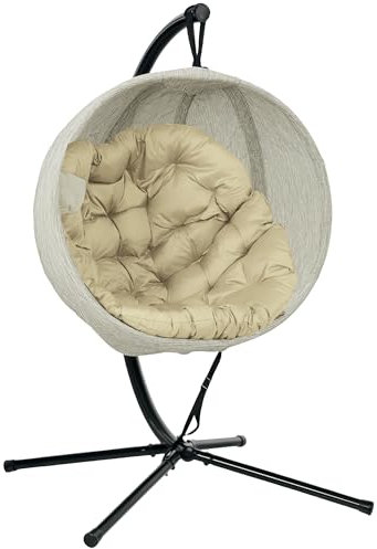 Outsunny Hanging Egg Chair Outdoor Indoor Garden Swing Chair with Folding Basket, Garden Hanging Chair with Stand, Thickened Cushion, Cup Holder for Patio, Balcony, Khaki
