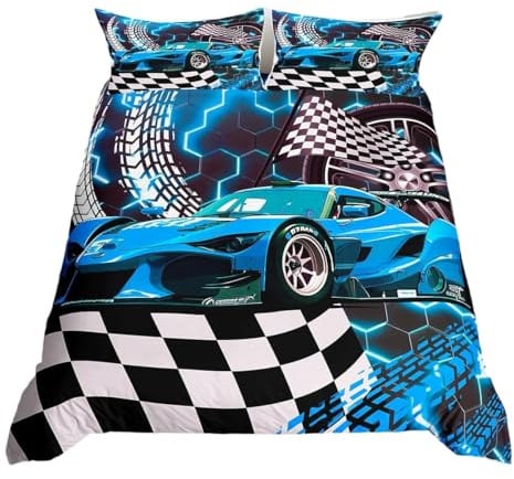Homewish Racing Car King Size Duvet Cover Sets for Kids Boys, Extreme Sports Car Bedding Set for Teens, Cool Blue Honeycomb Printed Quilt Cover, Black And White Checkered Bed Set, Black Reversible