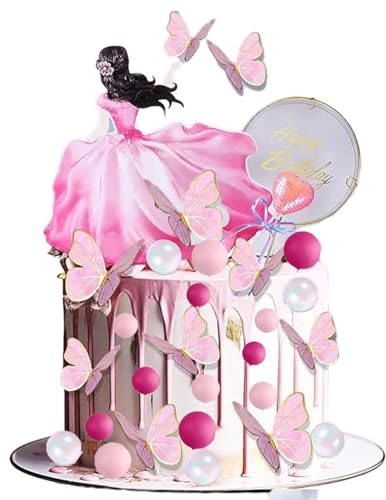 31 Stück rosa Schmetterling Prinzessin Kuchen Topper, Illusion Kugeln DIY alles Gute zum Geburtstag Thema Party-Dekoration, rosa Herz-Stick, Faux Acryl weiß Runde Kuchen Dekoration