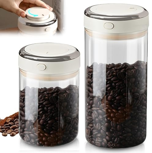 PORFOYO Kaffeedose luftdicht, 2 Stück kaffeedosen 1100ml 1700ml, Transparent Vakuum Kaffeebohnen Behälter Glas mit Auslassventil und Datumsanzeige, Kaffeebehälter Luftdicht für Kaffee Tee Kakao Nüsse