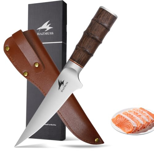 HAZMUSS 13,5 cm Ausbeinmesser mit Scheide, extra scharfe Ausbeinmesser aus kohlenstoffreichem Edelstahl, einzigartiger Holzgriff, geeignet zum Schneiden von Fleisch, Fisch und Geflügel