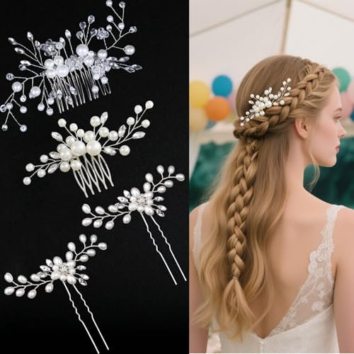 4 Stück Braut-Haarkamm mit Kristallperlen und Strass-Haarnadeln, seitlicher Haarkamm für die Braut, Hochzeits-Haarschmuck für Frauen, Brautjungfern