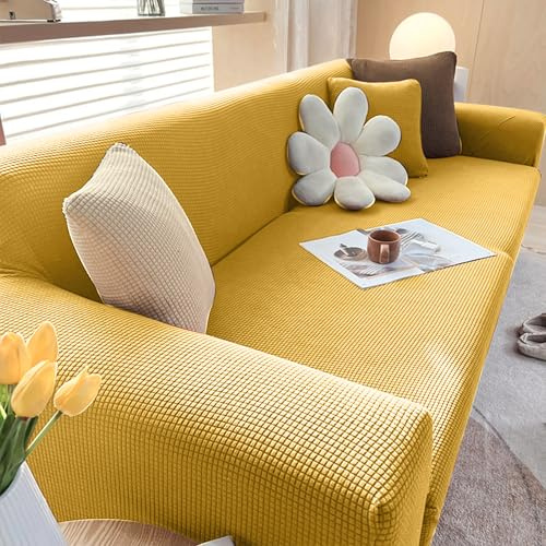 VanderHOME High Stretch Sofabezug Moderne Weicher Sofaüberzug Polyester Jacquard Rutschfester Sofahusse Für Wohnzimmer Protector Für Hunde Haustiere (3 Sitzer, Gelb)