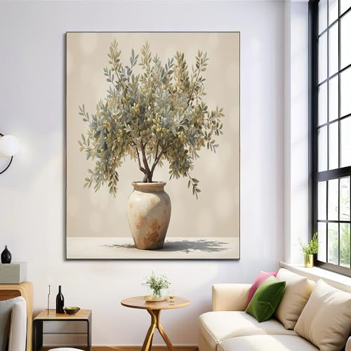 Vintage Rustikal Leinwandbilder Bilder mit Blumentopf Olivenbaum, Moderne Wandbilder Schlafzimmer Bild Auf Leinwand Kunstdruck Deko für Wohnzimmer, 60x80cm Ohne Rahmen
