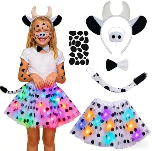 Johiux 6 Stück Kuh Kostüm Karneval Zubehor für Kinder Dalmatiner Kostüm Mädchen,LED Tüllrock Tiere Kuhohren Haarreif Schwanz Fliege Aufkleber Faschingskostüme Kinder für Karneval Cosplay Party.