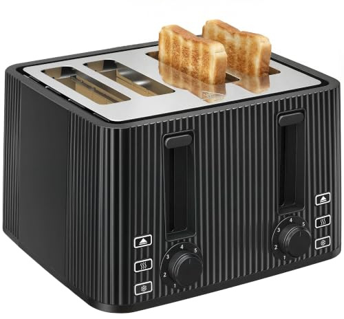 HOMCOM Tostadora 4 Ranuras Anchas 7 Niveles de Tostado, 1710W, Negro | Tostador de Pan, Función Descongelar, Recalentar y Cancelar, Bandeja de Migas Extraíble