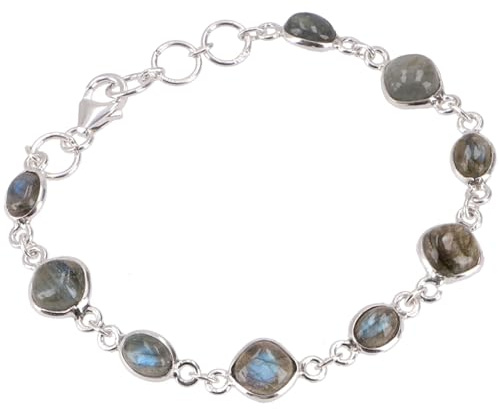 Indisches Boho Silber Armband, Edelsteinarmband, 925 Silber, Labradorit | Filigrane Fassung, flexible Länge 16,5-20 cm, eleganter Boho-Stil, leuchtende Amethyste, einzigartiges Schmuckstück