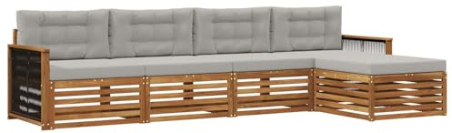 vidaXL Outdoor-Sofagarnitur mit Kissen 5 pcs Natürlich und Hellgrau, Garten, modernes Outdoor-Sofa, Sitzgruppe für die Terrasse, gemütliche Loungemöbel