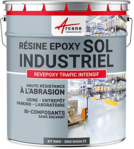 ARCANE INDUSTRIES Peinture Sol REVEPOXY TRAFIC INTENSIF : Résine Epoxy pour Sol Béton : Usine, Atelier Parking - 25 kg (jusqu'à 50 m² en 2 Couches) Gris Basalte - RAL 7012
