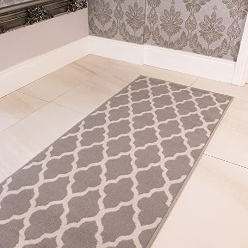 Milan Soft Touch Grey Brown Taupe Classic Grey Trellis Geometric Print Rug 60cm x 240cm