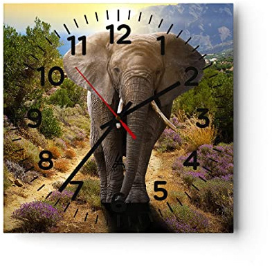 Modern Wanduhr Tiere Afrika Elefanten Spaziergang 30x30cm Quadrat Klein Wand Uhr Glas Analog Zimmeruhren Küche Büro Wohnzimmer Glasuhr Wall Clock Dekoration Design Küchenuhr C4AC30x30-2708