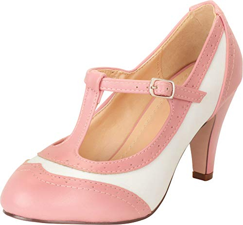 Cambridge Select Damen Retro Pinup T-Strap Wingtip Mary Jane Mid Heel Pumps, Pink (Mauve/weißes PU.), 40 EU