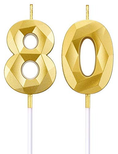 BBTO 80. Geburtstag Zahlen Kerzen, Gold, 2 Stück, 5 cm, unparfümiert, modern, numerical, unisex, Dekoration, Feier, Ungiftig, Kerze, Ganzjährig
