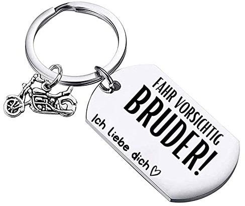 PREMIUM Schlüsselanhänger Motorrad mit Gravur als Glücksbringer und Schutzengel personalisiert I Fahr vorsichtig Papa Mama Bruder Schatz - Keychain Anhänger für Motorradfahrer (Bruder)