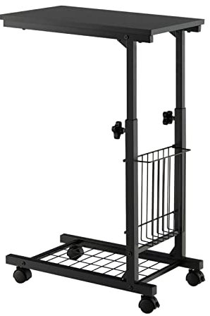 CASART C-Shaped Sofa Side Table, Height Adjustable Coffee Snack Table Laptop Stand with Wheels, Side Basket and Grid Shelf, Mobile Bed End Table for Living Room Bedroom Office(Black)