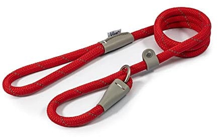 Ancol Viva Reflective Rope and Leather Slip Dog Lead - Red - Lightweight Weatherproof Durable Puppy Training Accessory - 1.2m x 12mm