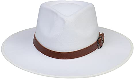 JK Home Fedora-Hut mit breiter Krempe, aus Wollfilz, Panama-Kappe, Einheitsgröße, Unisex, Damen und Herren, schwarzes geflochtenes Lederband, White Leather Ribbon, Einheitsgröße