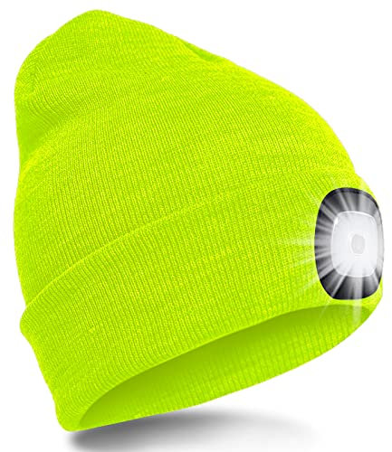 SPGOOD LED Beanie Beleuchtete Mütze mit Licht,Wiederaufladbare USB Winter Warm LED Mütze mit Licht,Lampe Laufmütze für Angeln,Jogger,Camping,Laufen(Fluoreszierendes Gelb)
