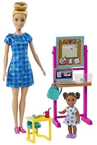 Barbie Teacher Doll (Blonde),Toddler Doll (Brunette), Flip Board, Laptop, Backpack, Toddler Desk, Pet Turtle, Great Gift for Ages 3 Years Old & Up, HCN19
