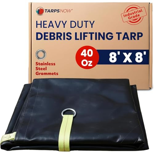 Tarps Now Debris Lifting Tarp, (8' X 8') with 8 Steel D-Rings and Strong Yellow Webbing - Heavy Duty Multi Purpose Tear-Off Tarpaulin Sheet for Lifting Debris, Dirt from Construction Site - Black