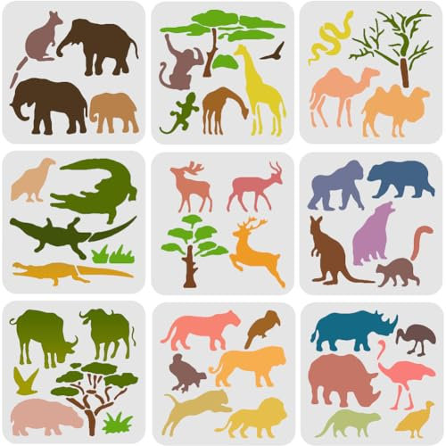 FINGERINSPIRE 9-teilige Schablonen für Tiere 20x20cm AFFE Bär Vogel Malschablonen Schlange Elefant Hirsch Krokodil Nashorn Löwe Muster Wiederverwendbare Schablonen zum Malen auf Holz Boden Fliesen