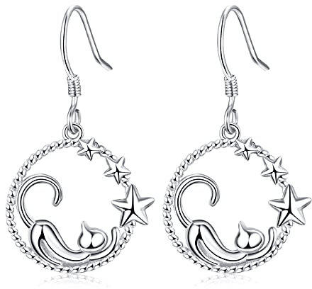 KINGWHYTE Katze Ohrringe 925 Sterling Silber Niedliche Tier Ohrringe Stern Katze Ohrhänger Katze Ohrstecker schmuck Geschenke für Katzenliebhaber Frauen Mädchen Freunde