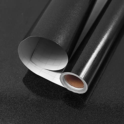 Hode Black High Gloss Vinyl Wrap for Furniture, Waterproof Sticky Back Plastic Roll Peel and Stick Self Adhesive Wallpaper, Contact Paper for Kitchen Worktops Vinyl Covering Glittery 44cmx5m