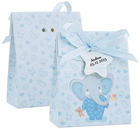 50 Pcs 8x4x10cm Gastgeschenk Tauf Boxen Blau Niedliche Baby Elefanten Geschenkschachtel mit Geschenkanhänger zum Beschriften Geschenkboxen für Jungen Tauf, Baby-Geburt, Babyparty usw.