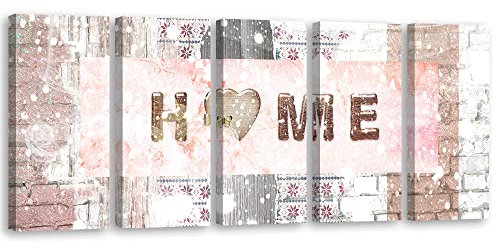 Feeby 5-teilig Vlies Leinwandbild XXL 150x60 cm Weihnachten Sweet Home Inschrift Rustikale Wandbild Kunst Bilder Schlafzimmer Deko Wohnzimmer Schnee Holz Ziegelsteine Rosa