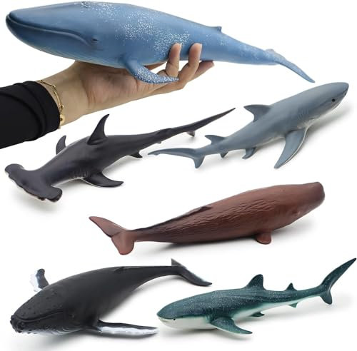 Mostop Set di 6 personaggi di squali e balene, giocattolo per bambini, 28 – 37 cm, grandi dimensioni, oceano, oceano, marino, animale marino, adatto per bambini o come decorazione