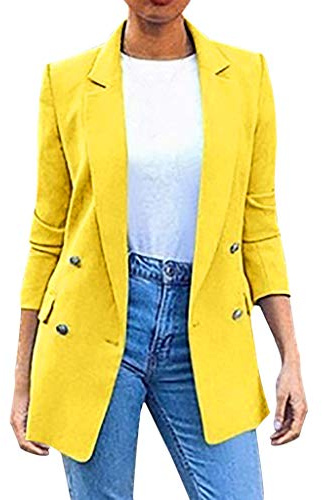 Blazer for Women UK Casual Double Breasted Plain Suit Jacket Long Sleeve Turn Down Collar Longline Blazer Jacket Smart Casual Work Business Wedding Guests Duster Coat Ladies UK Size 8-16