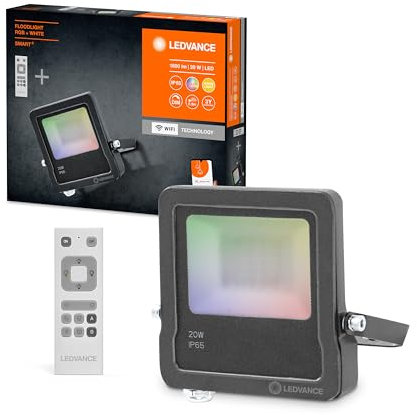 LEDVANCE Floodlight Wi-Fi, Projecteur à LED Wi-Fi avec télécommande, projecteur de 20W, 3000 K blanc chaud,1260 lumens, lampe RGB en aluminium, idéal pour l'extérieur