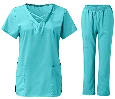 thuthu Damen 2-Teiliges Set Einfarbig Kurzarm Casual V-Ausschnitt Top Und Hose Mit Taschen Pflege Kasack Und Hosen Pflegeuniform Arbeitsuniform Set Berufsbekleidung Kasacks Set