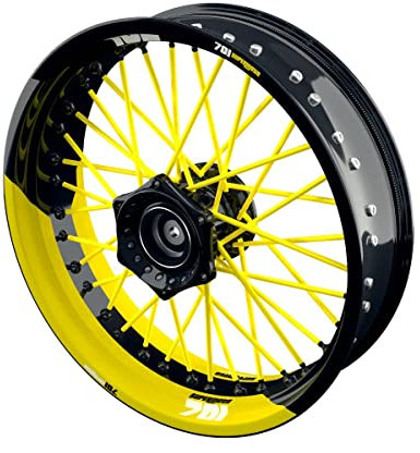 One-Wheel, Premium Felgenaufkleber passend für Husqvarna 701, Motiv: 701 Supermoto halb halb geteilt, Felgenrandaufkleber GP, Wheelsticker Motorrad, Farbe: gelb