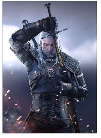 Displate Offiziell Witcher MetallPoster Magnetische Befestigung Inklusive Lizenziert Bilder Hochwertiges Poster Witcher 3 - Wild Hunt Characters - Geralt Sword - 67.5 cm x 48 cm