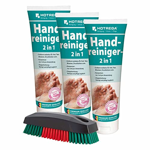 HOTREGA Handreiniger 3x 250ml Tube | Profi Handwaschpaste inkl. Waschbürste | Kraftvoll gegen Öl, Fett & Teer | Mit Maismehl-Reibemittel ohne Mikroplastik | Rückfettend, pH-neutral & hautschonend
