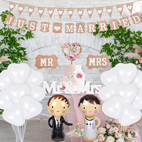 Herefun Just Married Hochzeits Deko Vintage, MR & MRS Deko Buchstaben Hochzeit, Girlande Hochzeit Wimpelkette Banner, Hochzeitsdeko Herzluftballons für Brautdusche Rustikal Party