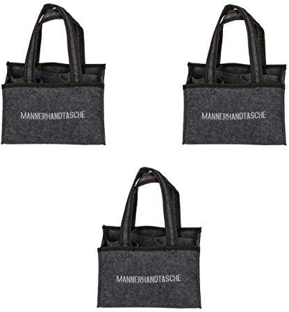ReWu Tragetaschen Filz-Taschen 3er-SET mit Schriftzug -Männerhandtasche- für 6 Flaschen Männertasche Bierträger Flaschenträger Jungesellenabschied Männertag Vatertag Party 6-Fächer 24 x 15 cm