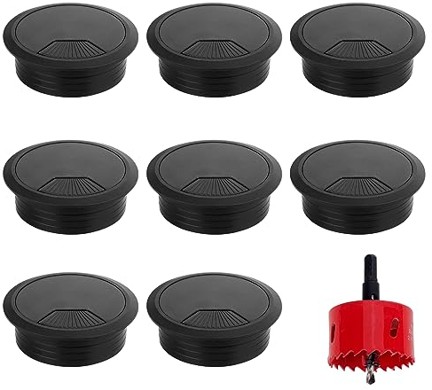 Kabeldurchführung Schreibtisch, 8 Stück Kabelführung zum Eindrücken, 60mm Kabeldurchlass mit 1 Lochsäge, Schreibtisch Kabeldurchführung für Tisch Büro Arbeitsplatten(Schwarz)