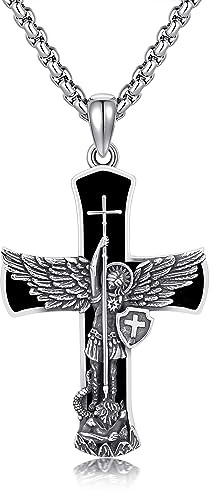 HUKKUN Heilige Michael Kette Sterling Silber Schwarzer Obsidian Erzengel Michael Kette Kreuz Kette für Männer Katholischer Schmuck Geschenk für Männer
