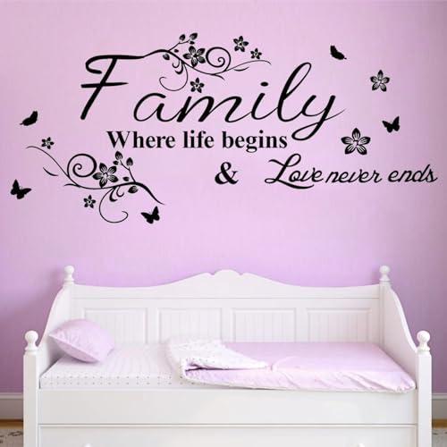 Adesivo da parete con scritta Family Where Life Begins and Love Never Ends Decalcomanie murali Scritture religiose cristiane in vinile Lettera di famiglia Citazione d'arte Murale per camera da letto