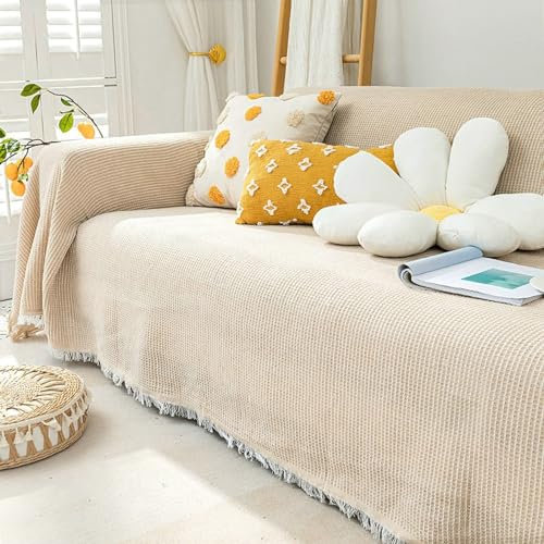 Ayoiow Wasserdicht Sofabezug Sofahusse Beige Sofahusse 2 Sitzer Baumwolle Einfarbig Mit Quaste