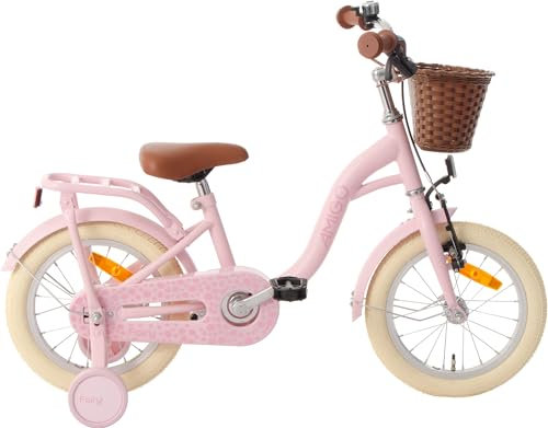 AMIGO Fairy - Kinderfahrrad Mädchen - 14 Zoll - Mit Stützräder, Rucktrittbremse und V-Brake - ab 3-5 Jahr - Rosa