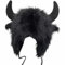 Jagd Mütze Büffelmütze mit Hörnern, pelziger Ohrenschützer, Wintermütze, Büffelgesicht, Flauschige Ohrbedeckung, Ohrenklappenmütze Kosakenmütze (Black, One Size)