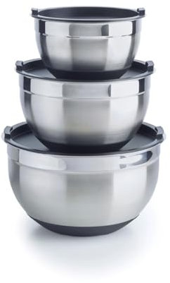 Qdesign - Lot de 3 Bols à Mélanger Acier Inoxydable avec Couvercles Plastique - 16 + 20 + 24 cm - Mélangeurs Base Silicone Antidérapante - Empilables - Argenté