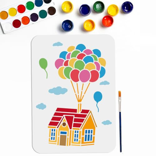 MAYJOYDIY Ballonhaus Schablone 29.7 × 21cm Fliegende Haus Hütten Schablonen Mit Pinsel Verträumte Heim Wolken Reise Vorlage Für Holzwände Leinwand Möbel Basteln Kunstprojekte