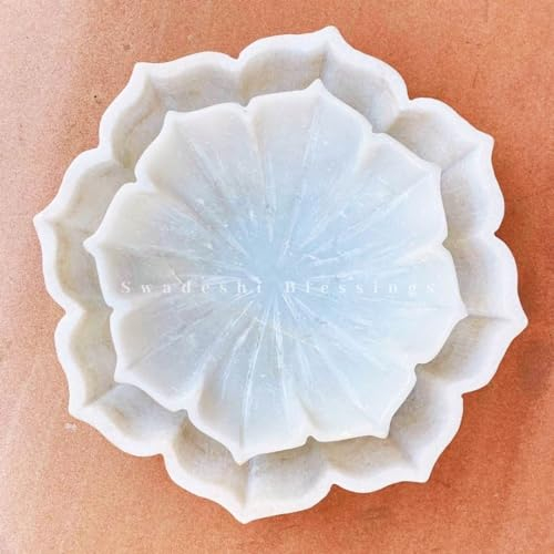 HandCrafted Marble Large Decorative Bowl | White Lotus Marble Bowl for Home Decor | Fluted Scalloped Bowls | Key/Fruit Bowls | Ring Dish | Organic Modern Home Decor Piece (10 Inches)