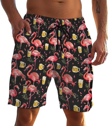 TENGBOKY Short de bain pour homme avec motif de licorne avec pistolet, Flamants roses Boire de la bière, XX-Large