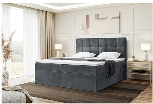 MEBLINI Boxspringbett mit Bettkasten - Gepolstert Doppelbett mit Matratze und Topper - Polsterbett mit Stauraum - Bett mit Kopfteil - Stauraumbett - Kai - 180x220 - H4/Dunkelgrau Samt