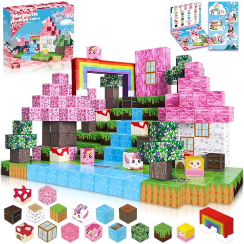 Annexfun Magnetic Blocks - 100PCS Magnetic Building Blocks Unicorn Cubes Tiles for Montessori Toddler Birthday Easter Gifts Stacking STEM Sensory Toys Kids for 3 4 5 6 7 8 9 10 Years Old Girls